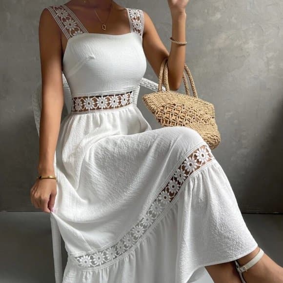 White Lace Insert Ruffle Hem Dress - Thumbnail 7