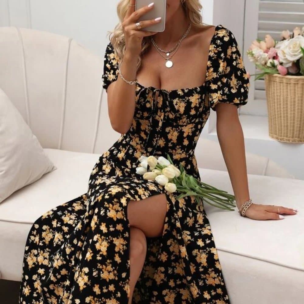 Black Allover Floral Knot Split Thigh A-line Dress - Thumbnail 4