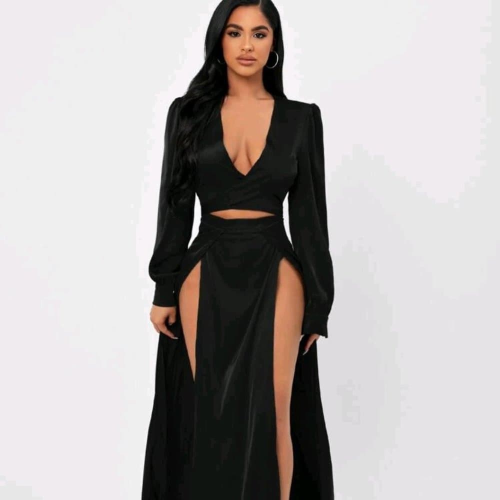 Sexy Black Plunging Slit Thigh Dress - Thumbnail 4