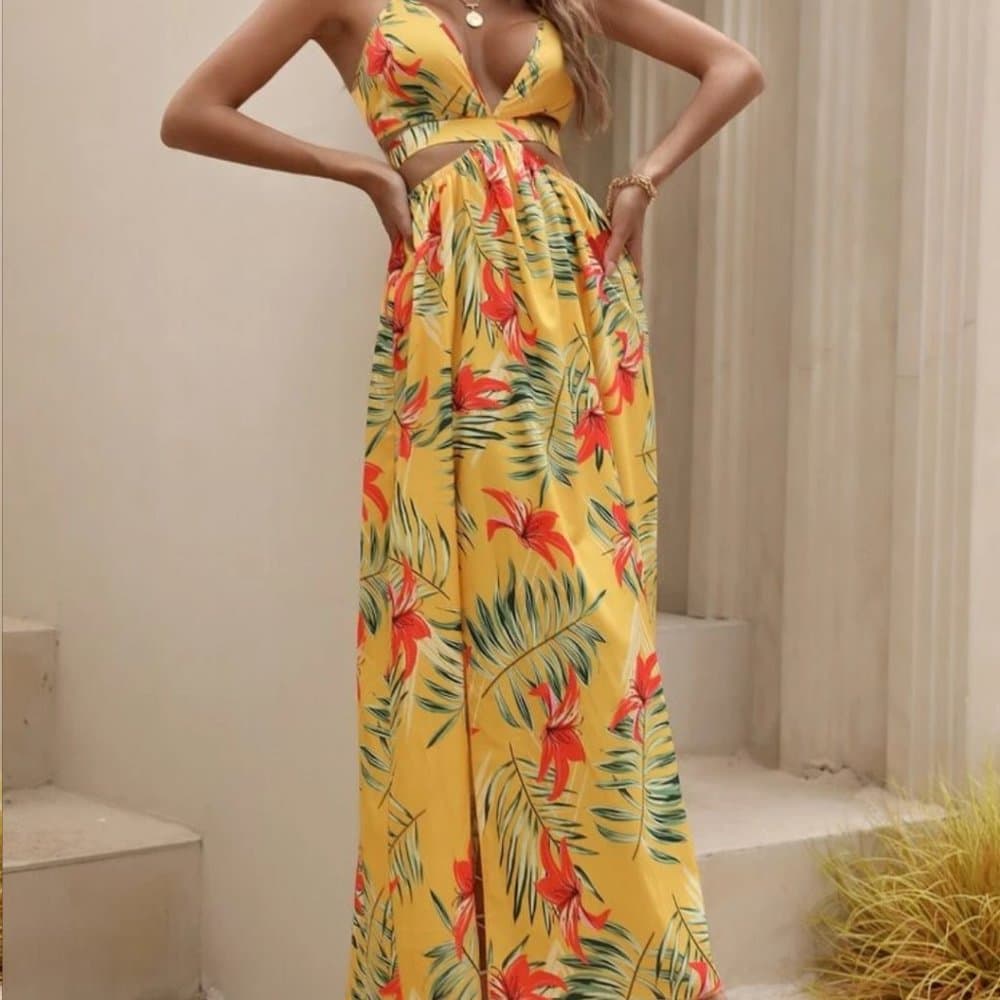 Yellow Tropical Print Thight Slit Dress!! - Thumbnail 2