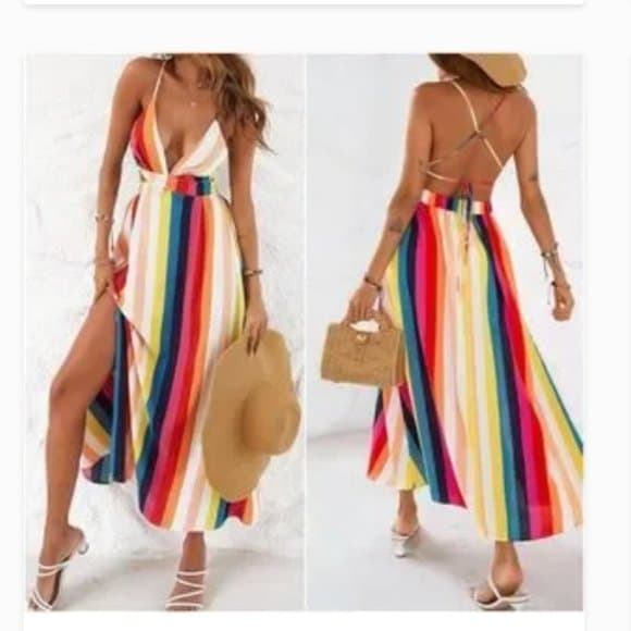 Colorful Boho Floral Print Criss Cross Lace Maxi Dress - Thumbnail 2