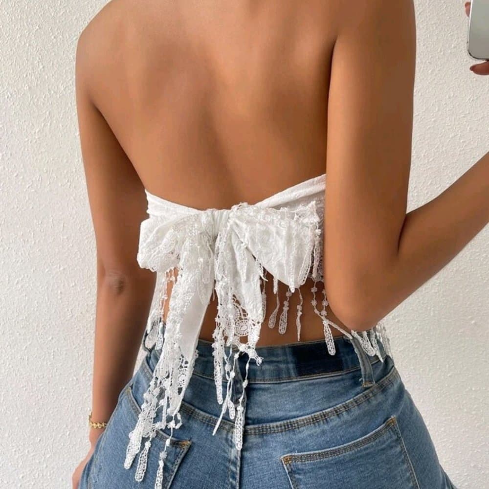 White Lace Fince Hinge Tie Back Crop Top - Thumbnail 4