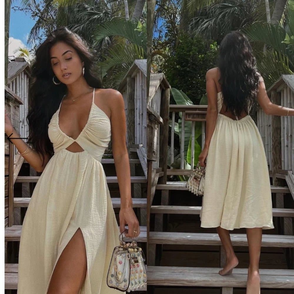 White V Neck Backless Sleeveless Dress - Thumbnail 2