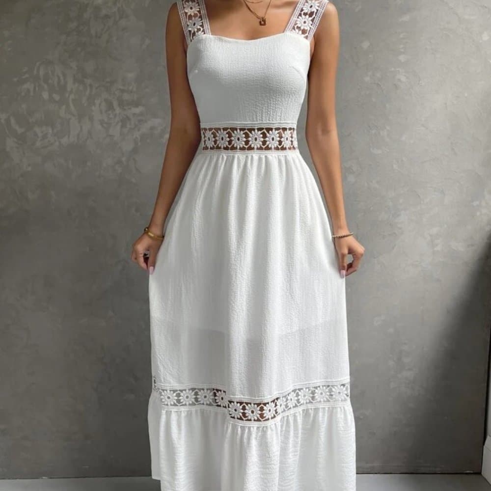 White Lace Insert Ruffle Hem Dress - Thumbnail 3