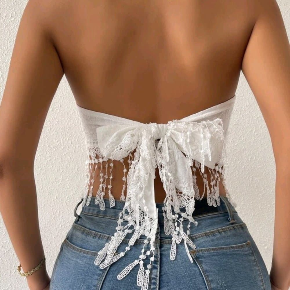 White Lace Fince Hinge Tie Back Crop Top - Thumbnail 5