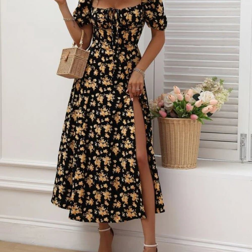 Black Allover Floral Knot Split Thigh A-line Dress - Thumbnail 2