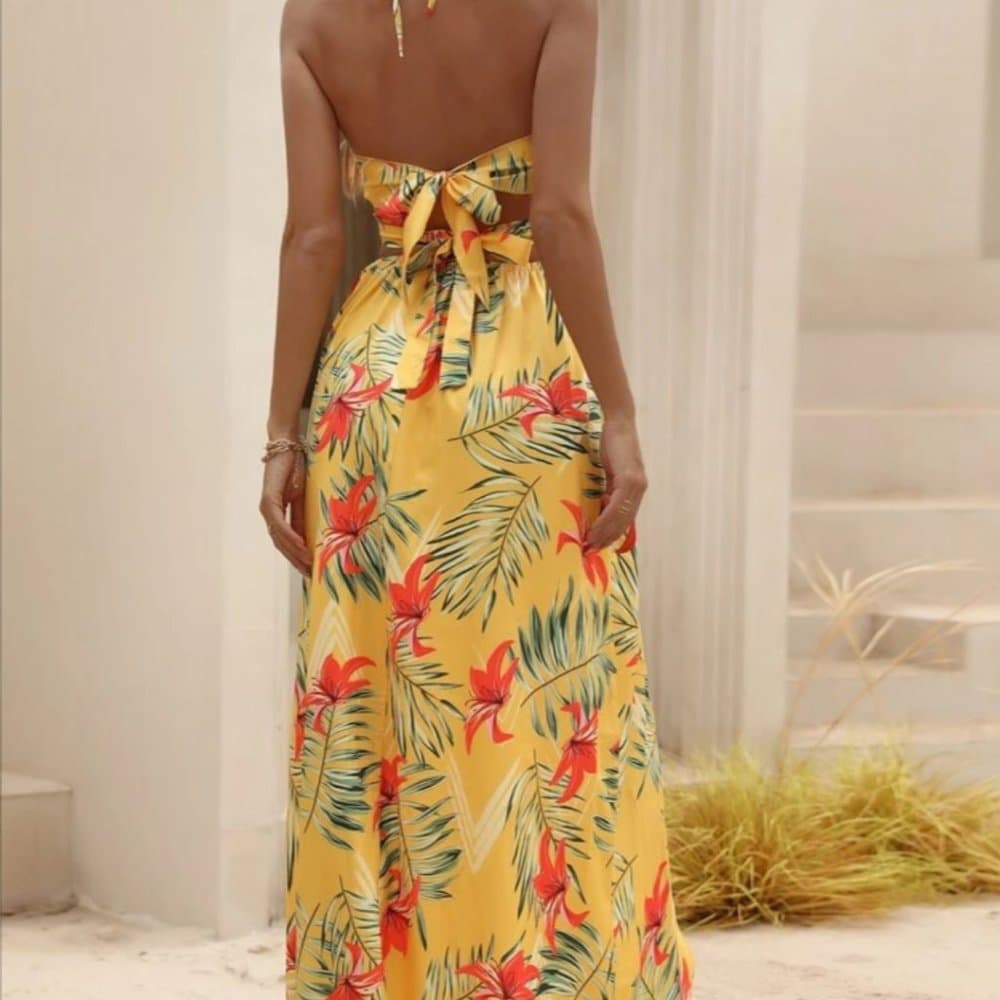 Yellow Tropical Print Thight Slit Dress!! - Thumbnail 6