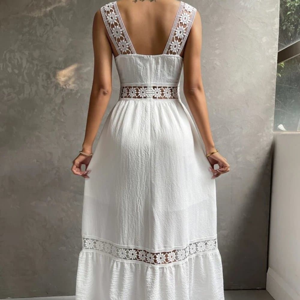White Lace Insert Ruffle Hem Dress - Thumbnail 5