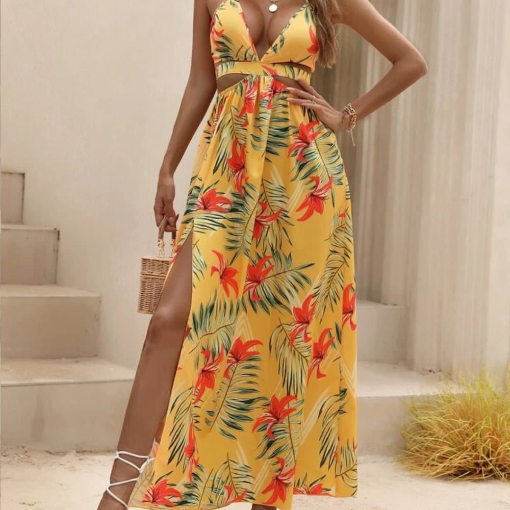 Yellow Tropical Print Thight Slit Dress!! - Thumbnail 4