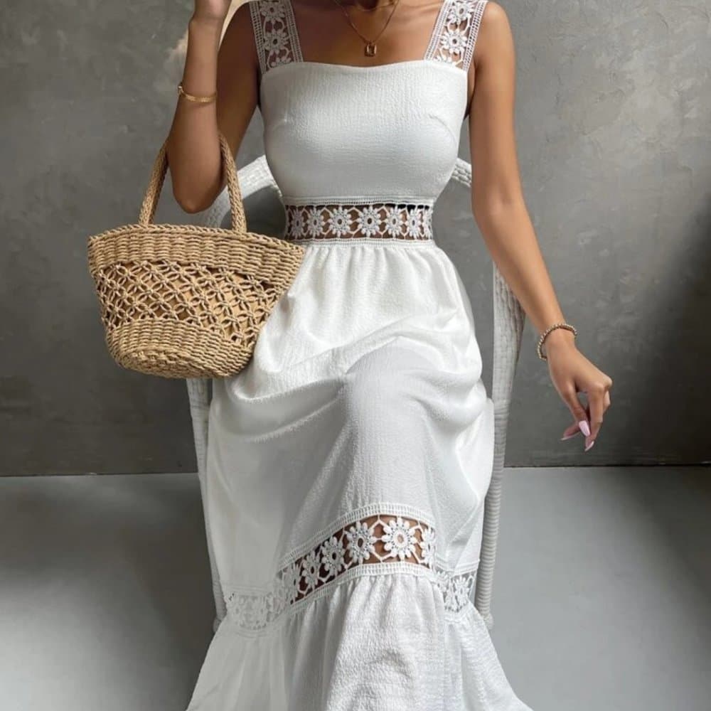 White Lace Insert Ruffle Hem Dress - Thumbnail 2