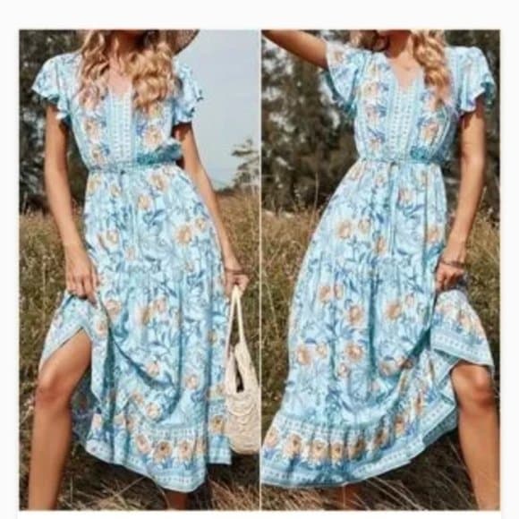 Boho Floral Print Criss Cross Lace Maxi Dress - Thumbnail 2