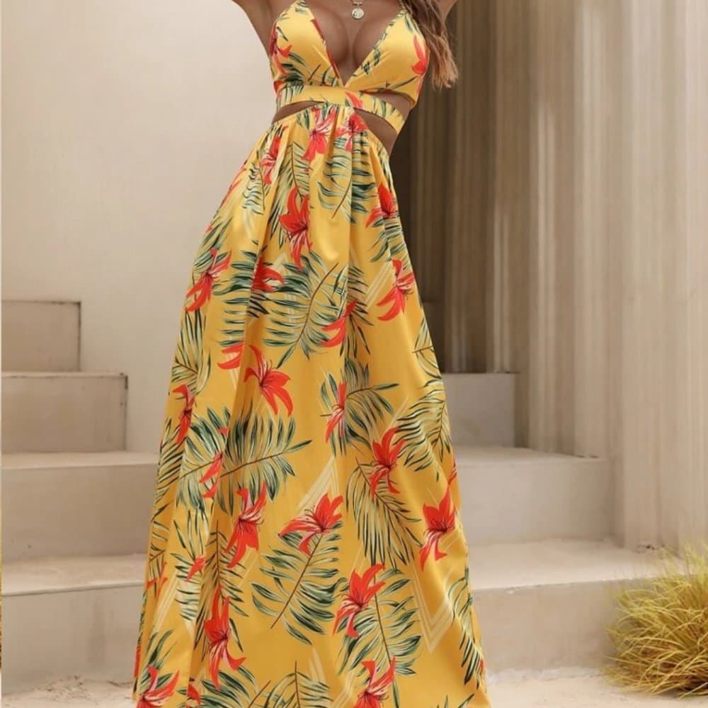Yellow Tropical Print Thight Slit Dress!! - Thumbnail 3