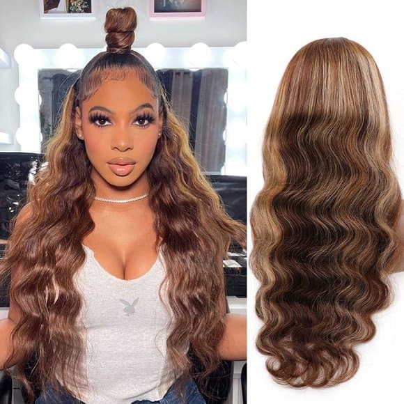 Brown Blonde Wavy Human Hair Wig 16-20 inches - Thumbnail 7