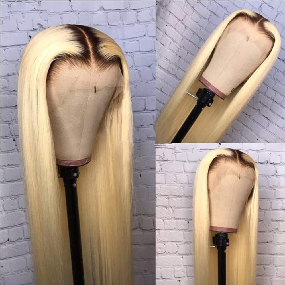 Ombre Lace Front Wig Blonde Human Hair Dark Roots Silky Straight 16 inches 150% - Thumbnail 5