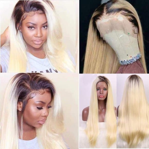 Ombre Lace Front Wig Blonde Human Hair Dark Roots Silky Straight 16 inches 150% - Thumbnail 7