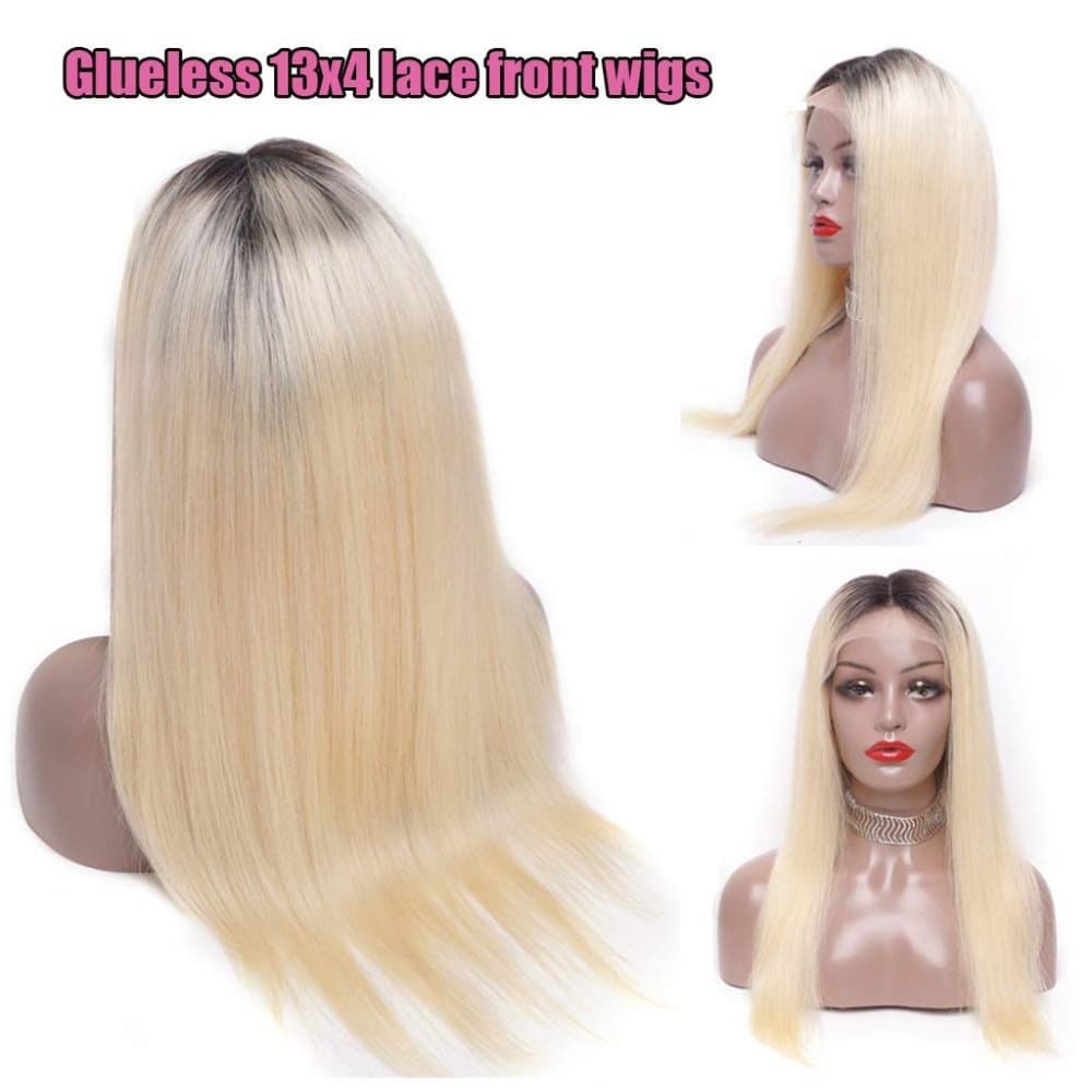 Ombre Lace Front Wig Blonde Human Hair Dark Roots Silky Straight 16 inches 150% - Thumbnail 3