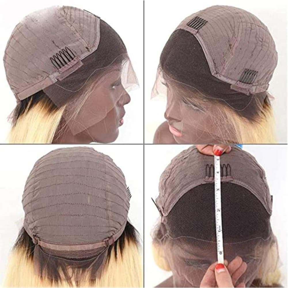 Ombre Lace Front Wig Blonde Human Hair Dark Roots Silky Straight 16 inches 150% - Thumbnail 2