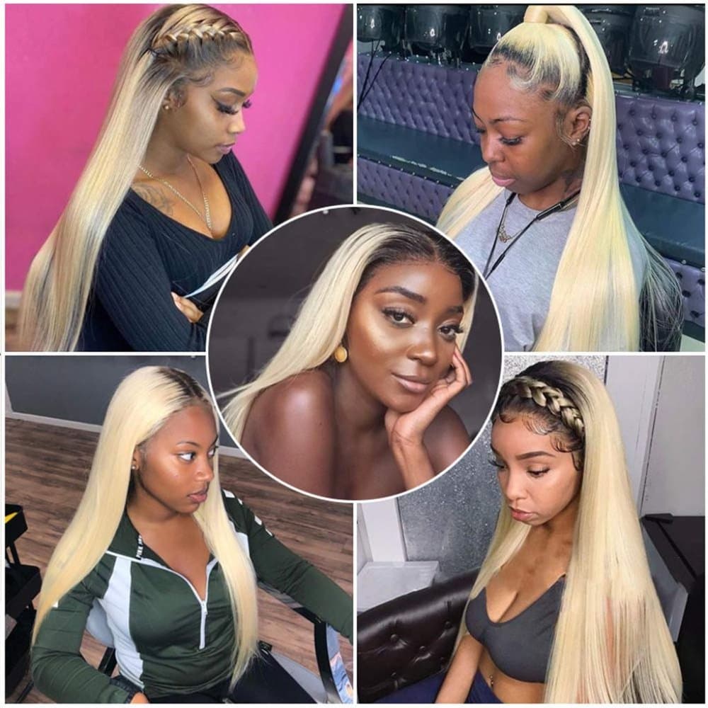 Ombre Lace Front Wig Blonde Human Hair Dark Roots Silky Straight 16 inches 150% - Thumbnail 4
