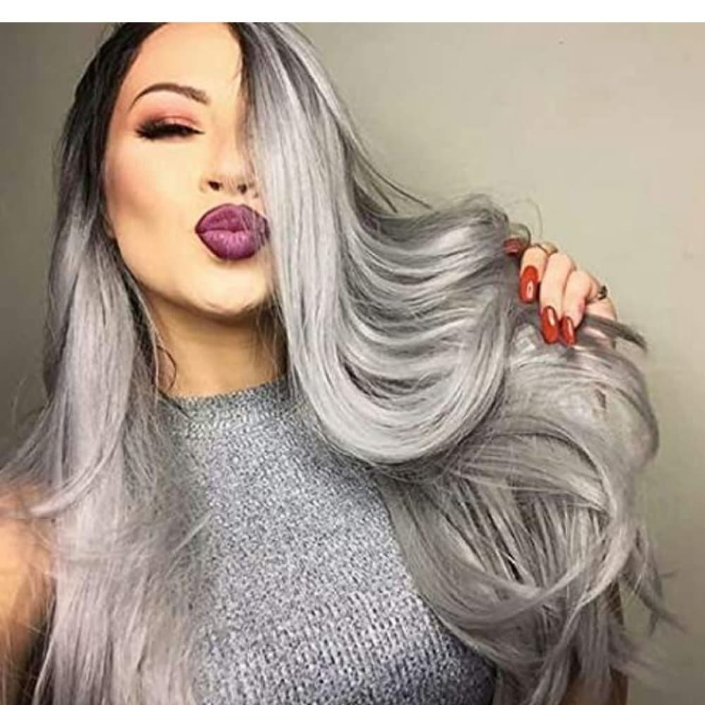Ombre Black Gray Lace Front Wig - Thumbnail 4