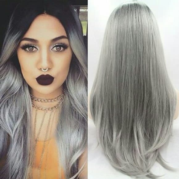 Ombre Black Gray Lace Front Wig - Thumbnail 4