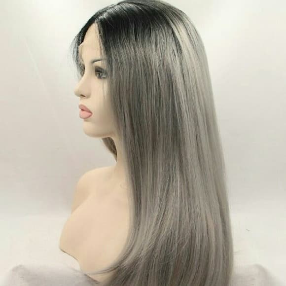 Ombre Black Gray Lace Front Wig - Thumbnail 2