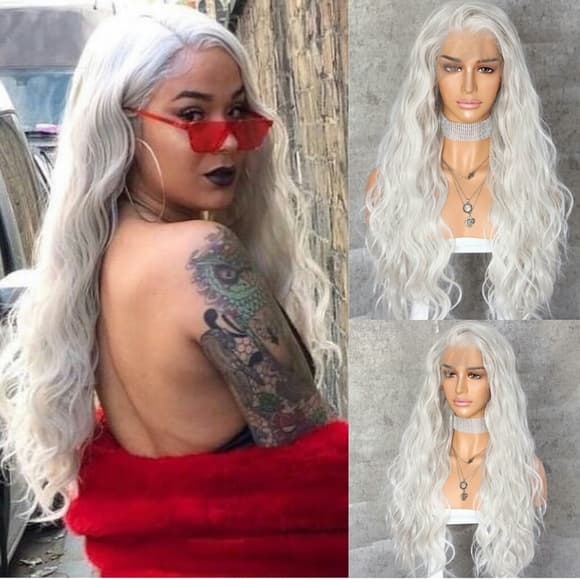 White Gray Wavy Lace Front Wig - Thumbnail 2