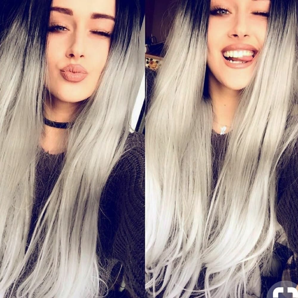 Ombre Black Gray Lace Front Wig - Thumbnail 3
