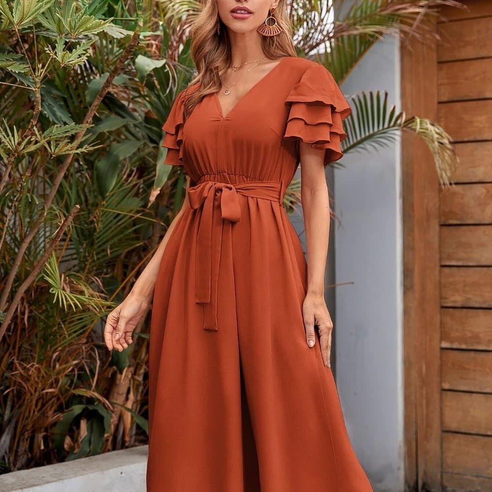 Boho layered V-neck sleeve belted midi dress burnt orange - Thumbnail 3
