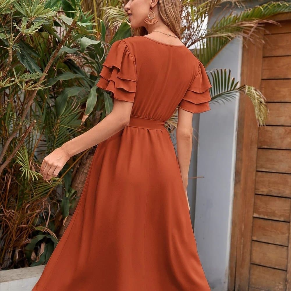 Boho layered V-neck sleeve belted midi dress burnt orange - Thumbnail 5