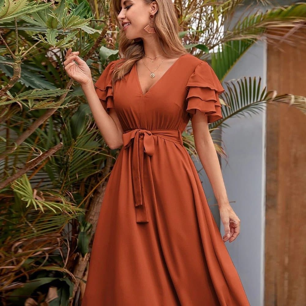 Boho layered V-neck sleeve belted midi dress burnt orange - Thumbnail 2