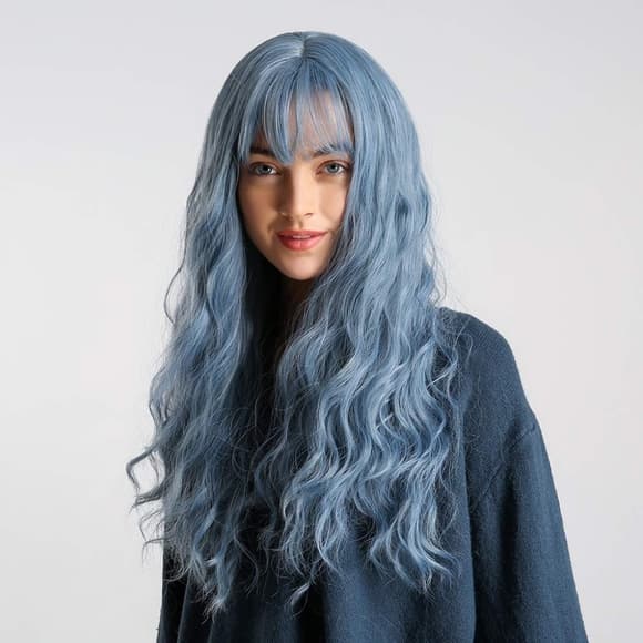 Sky Blue Wavy Full Wig - Thumbnail 3