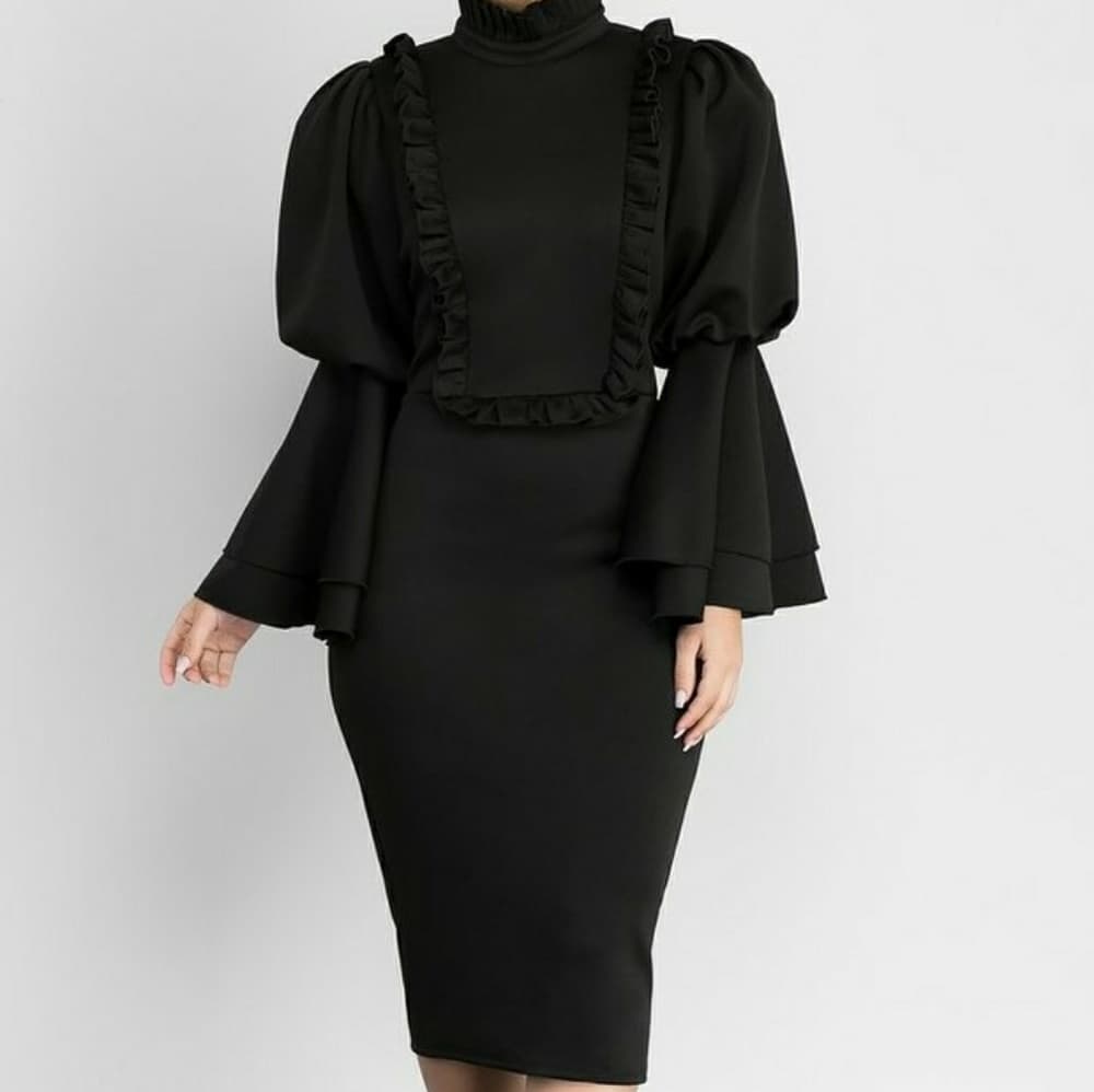 Chic High Neck Flare Sleeve Frill Trim Pencil Dres - Thumbnail 5