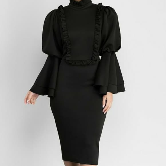Chic High Neck Flare Sleeve Frill Trim Pencil Dres - Thumbnail 6