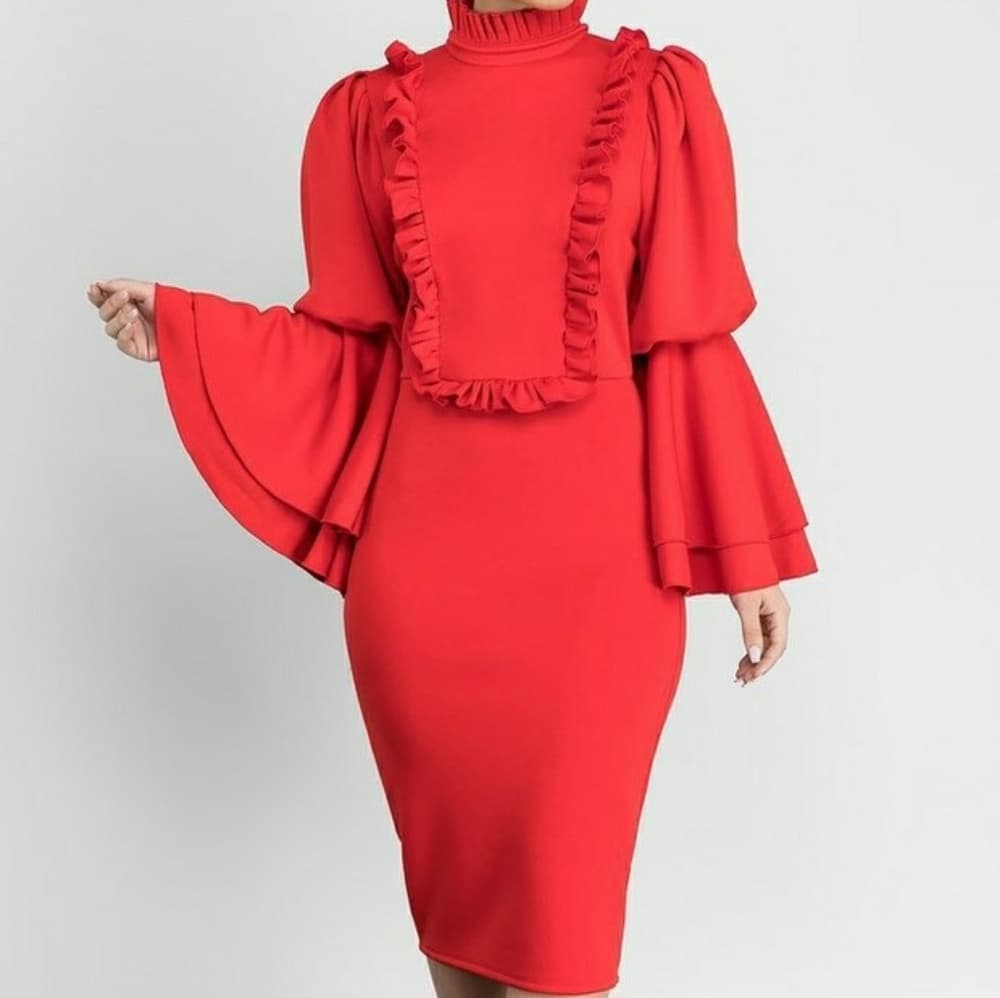 Chic High Neck Flare Sleeve Frill Trim Pencil Dres - Thumbnail 3