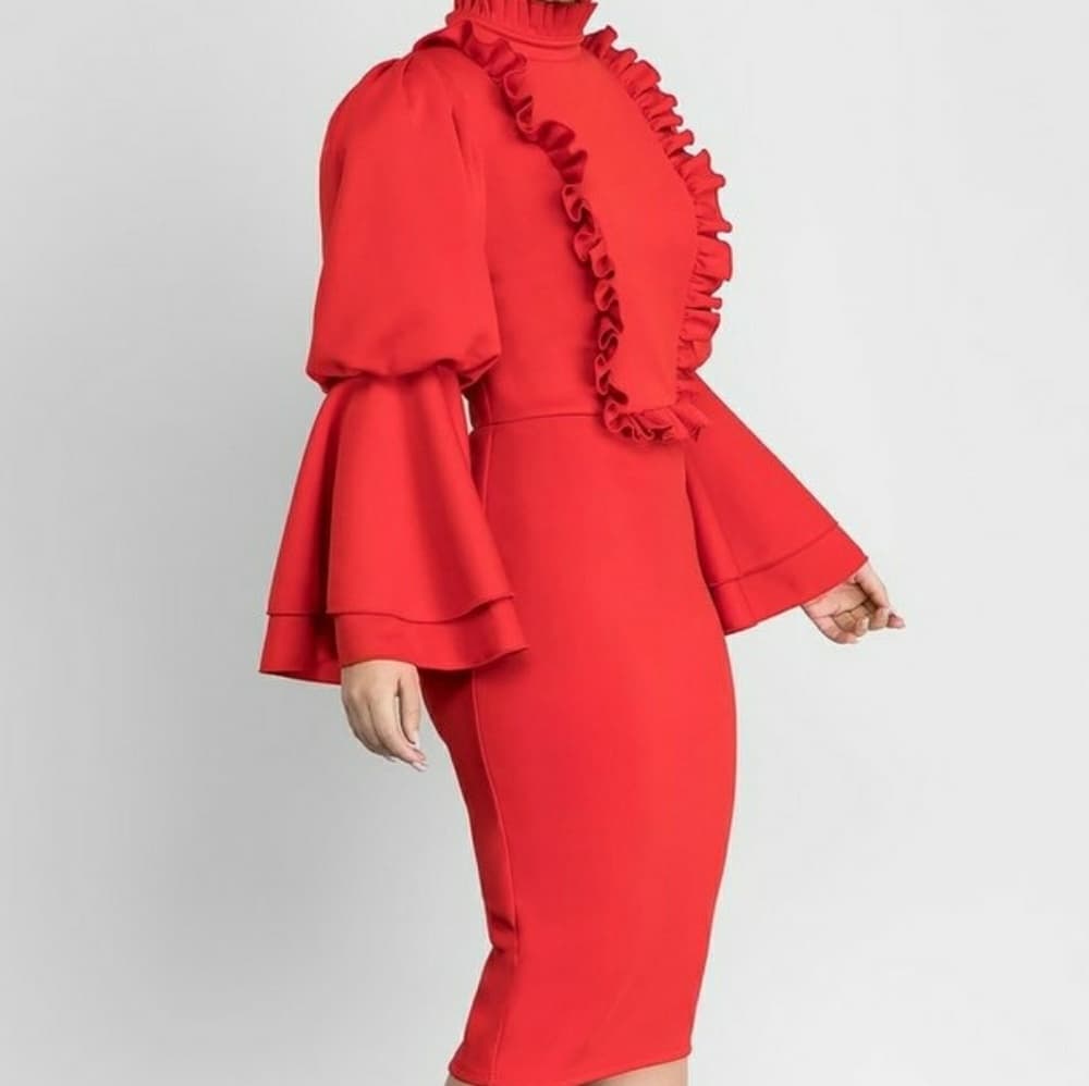 Chic High Neck Flare Sleeve Frill Trim Pencil Dres - Thumbnail 2