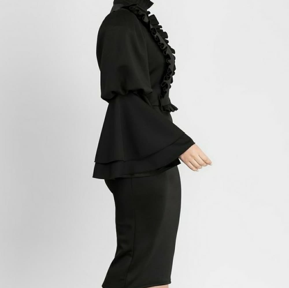 Chic High Neck Flare Sleeve Frill Trim Pencil Dres - Thumbnail 4