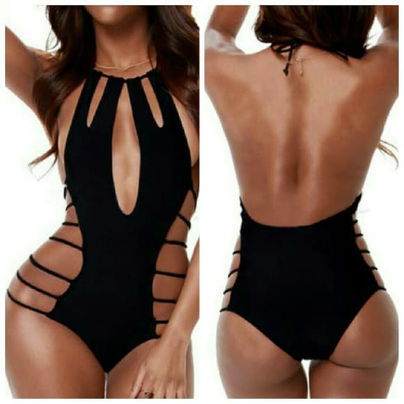Solid Hollow Out Strappy Sexy One-Piece Swims - Thumbnail 2