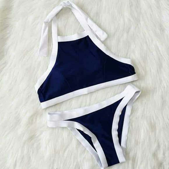 Navy blue and white high neck bikini - Thumbnail 4