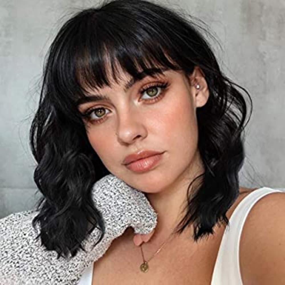 Black Wavy Wig with Bangs - Thumbnail 7