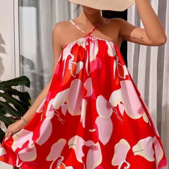 Red White Allover Print Cami Dress - Thumbnail 2