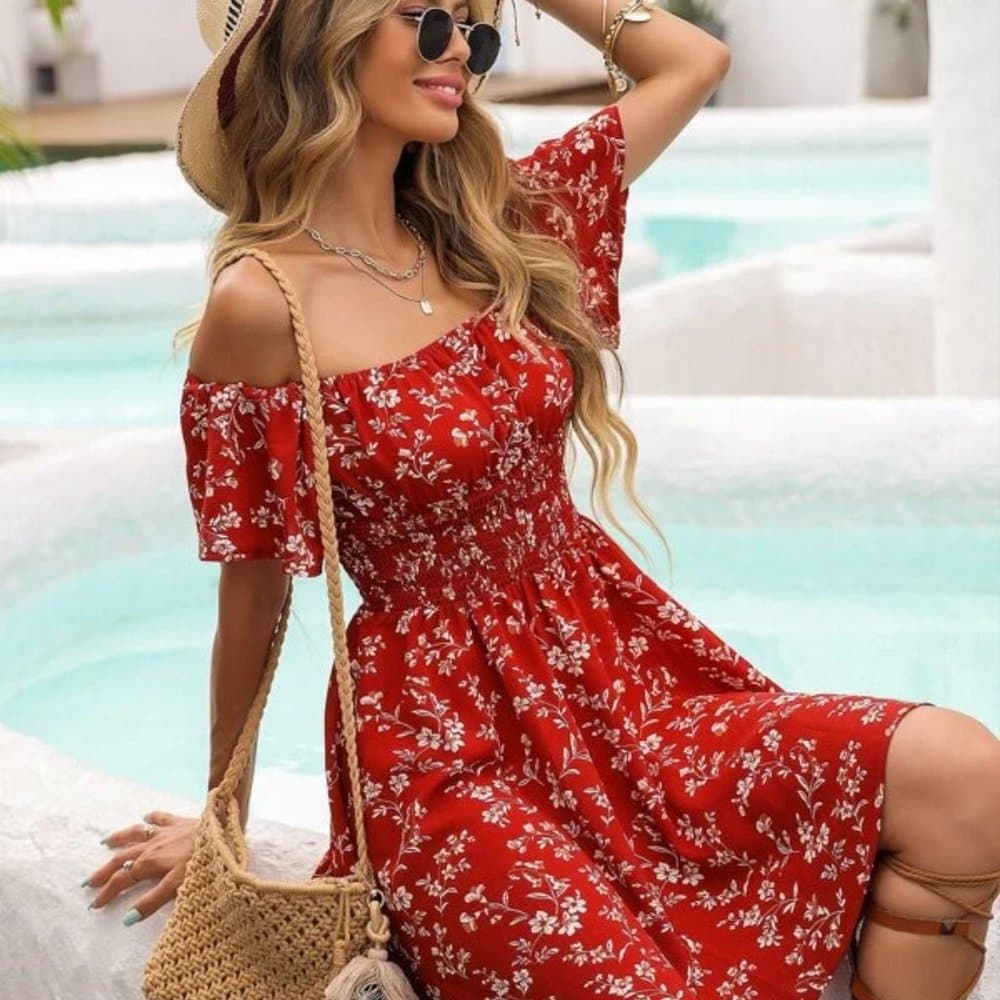 Red Boho off shoulder dress - Thumbnail 3