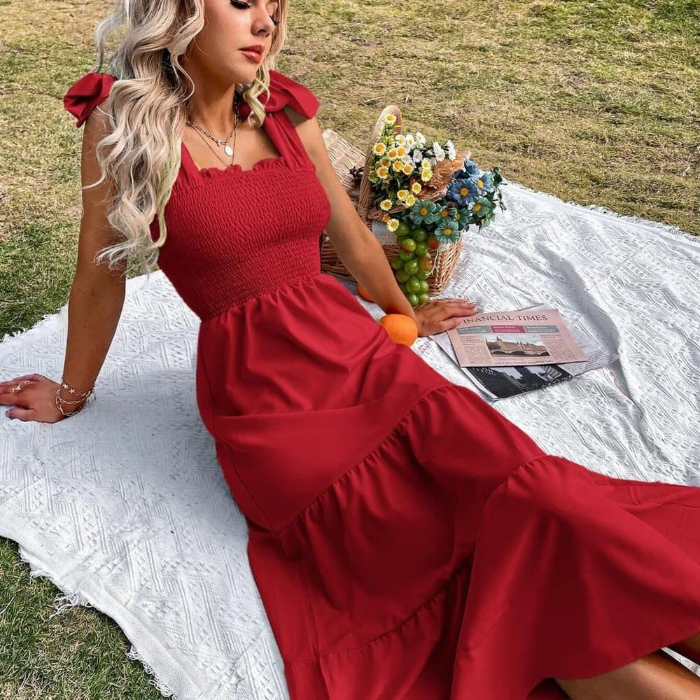 Dark Red Tie Shoulder Shirred Ruffle Hem Cami Dress