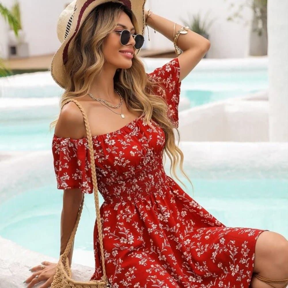 Red Boho off shoulder dress - Thumbnail 5