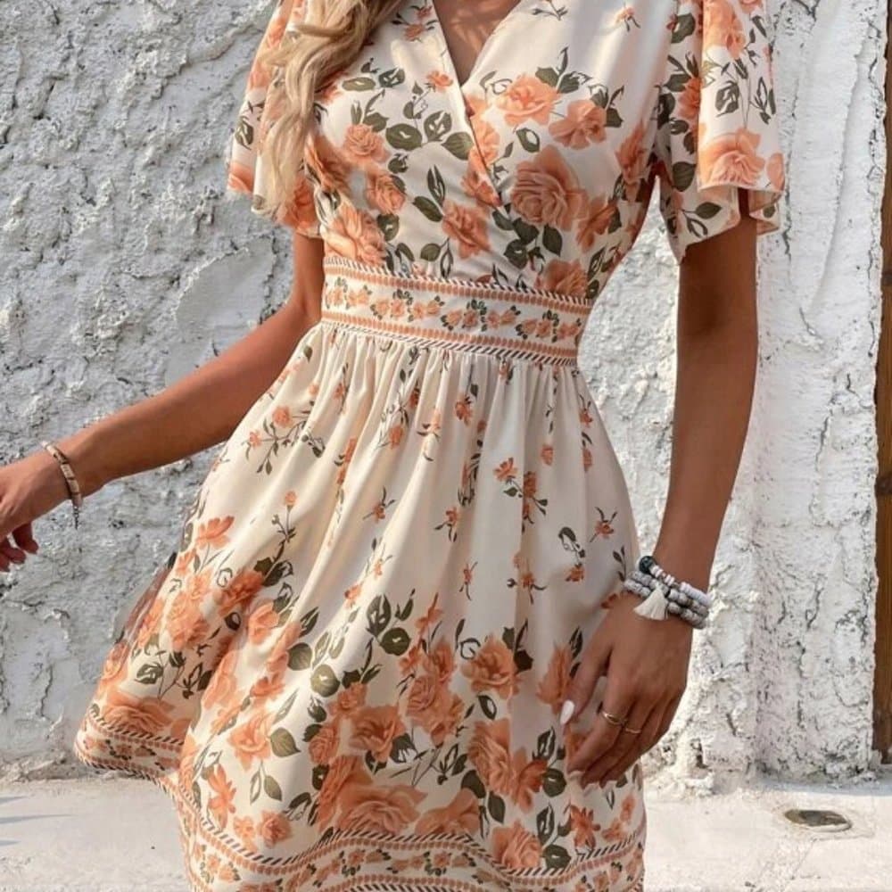 Floral Print Surplice Neck Butterfly Sleeve Dress