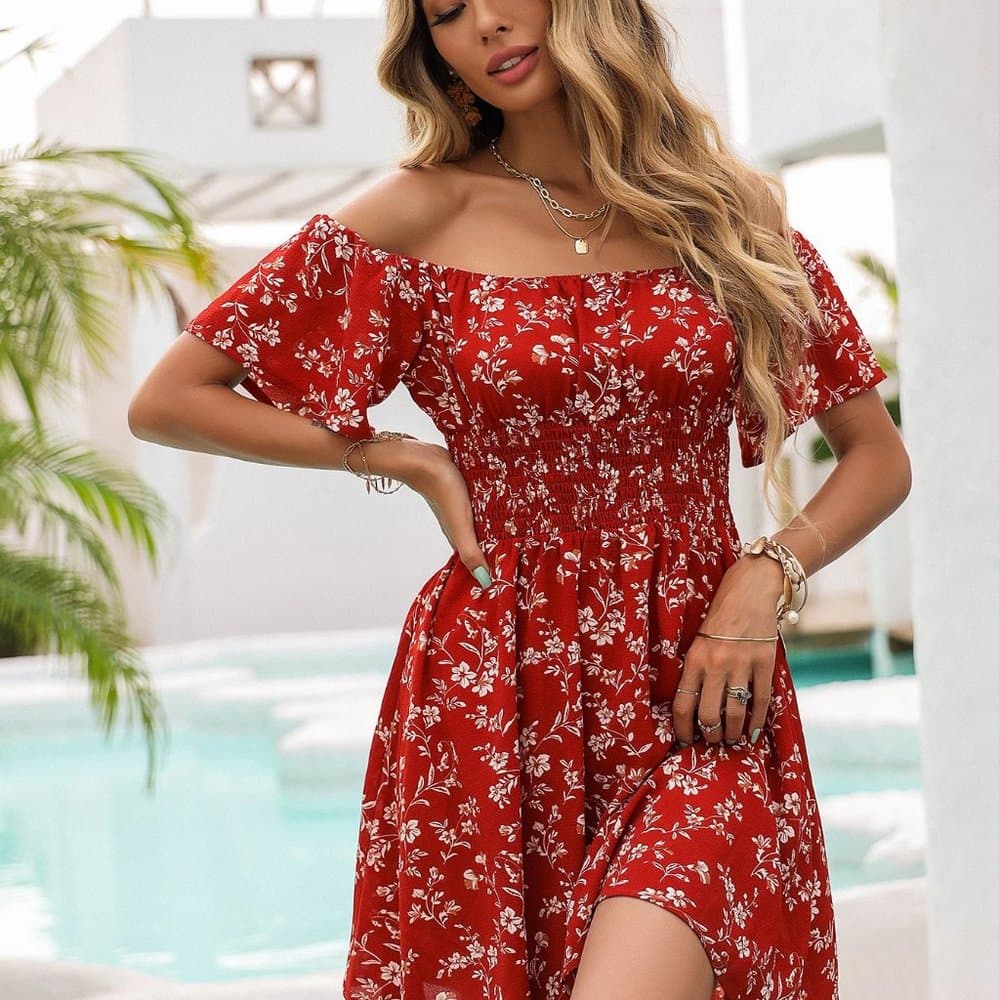 Red Boho off shoulder dress - Thumbnail 4