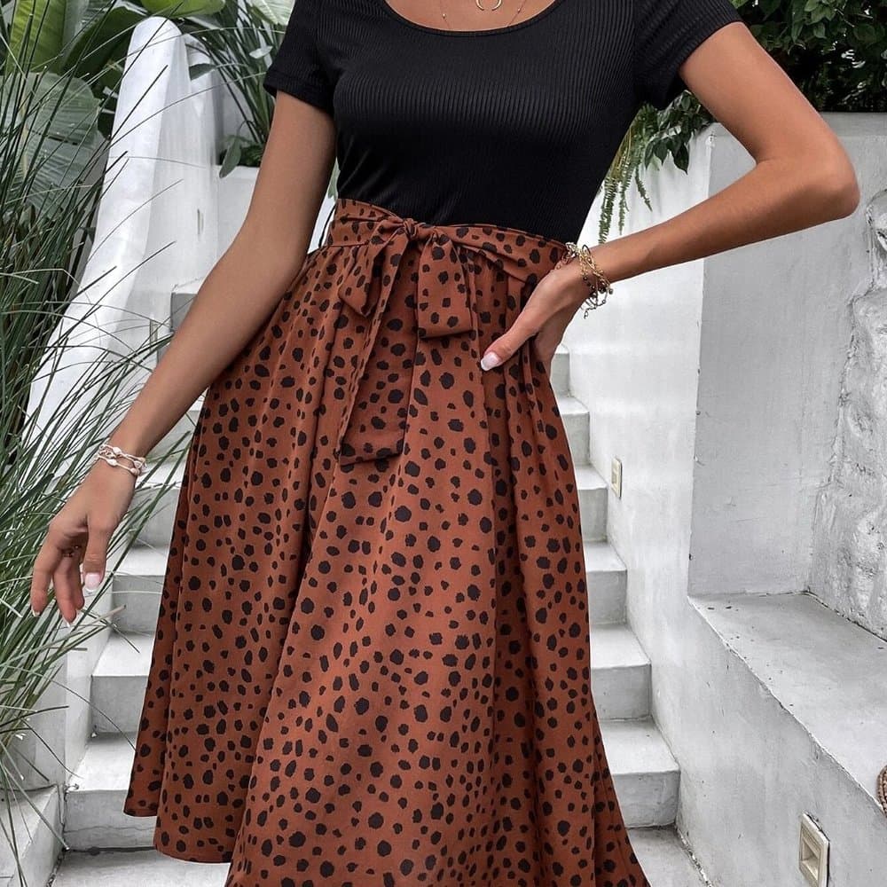 Brown Black Dalmatian Print Belted Dress - Thumbnail 2