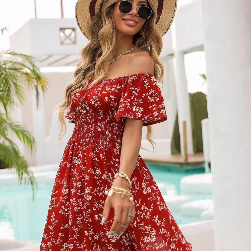 Red Boho off shoulder dress - Thumbnail 2