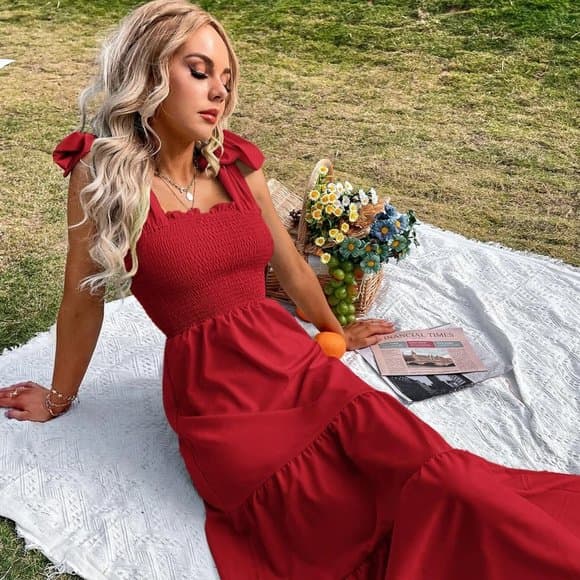 Dark Red Tie Shoulder Shirred Ruffle Hem Cami Dress - Thumbnail 3