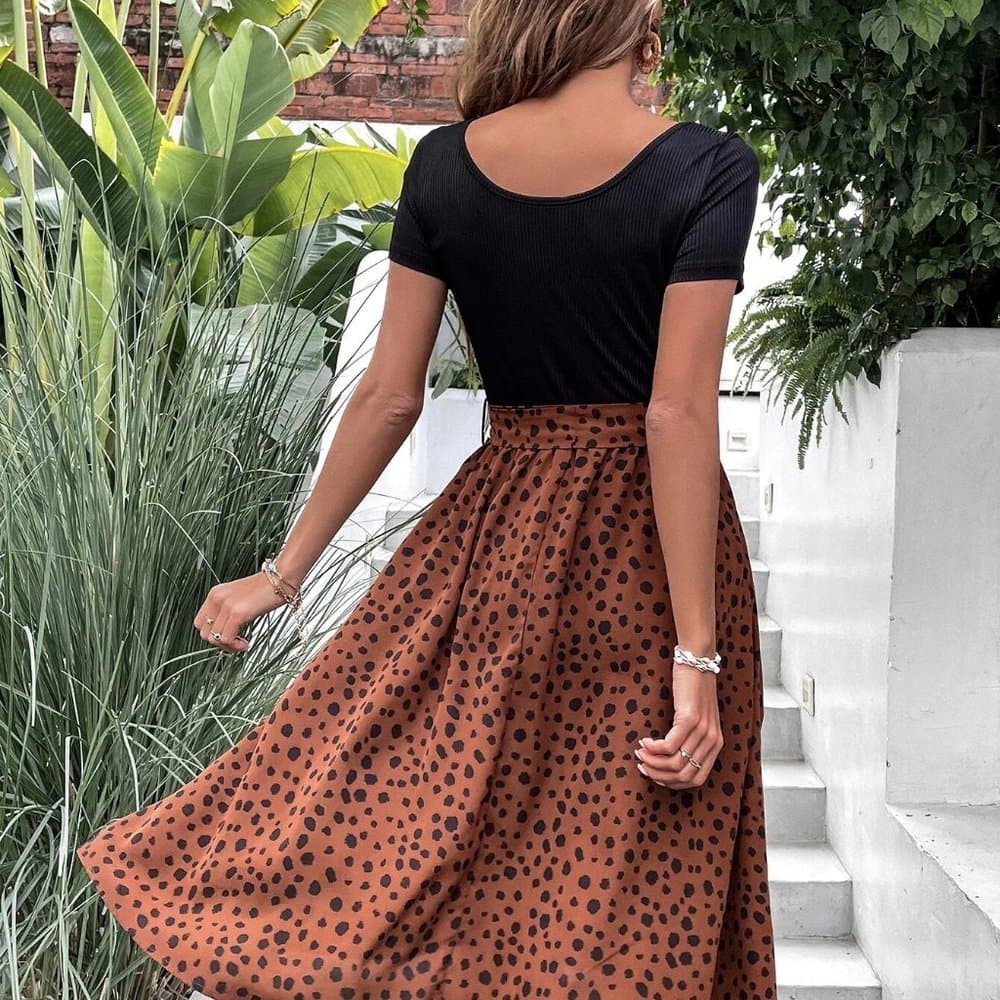 Brown Black Dalmatian Print Belted Dress