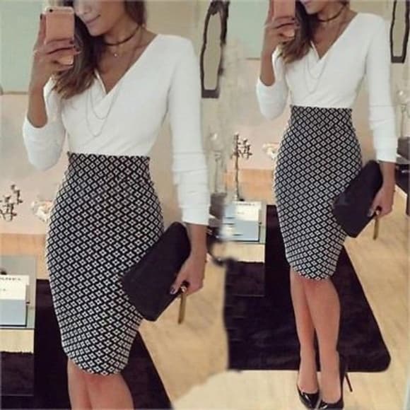 Black and White Beauty Pencil Dress - Thumbnail 6